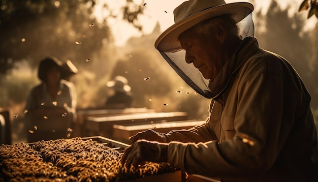 Expert beekeeper examines honeycomb in protective workwear generated by AI