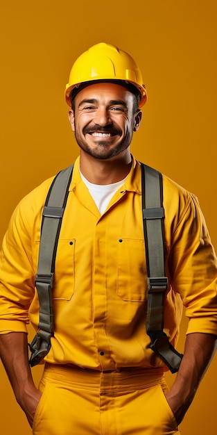 Photo expert bricklayer on solid yellow background