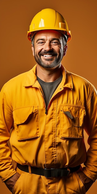 Photo expert bricklayer on solid yellow background