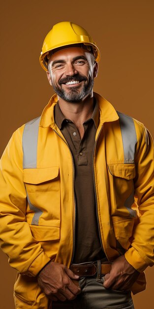 Expert Bricklayer on Solid Yellow Background