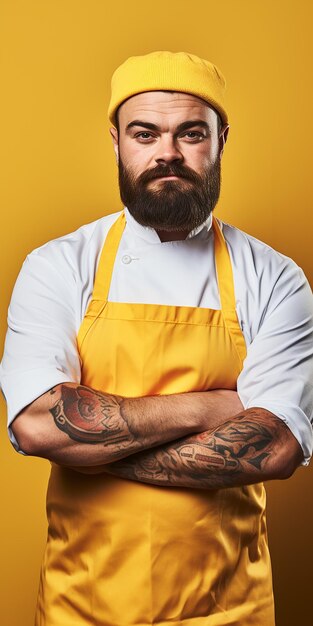 Expert Butcher on Solid Yellow Background