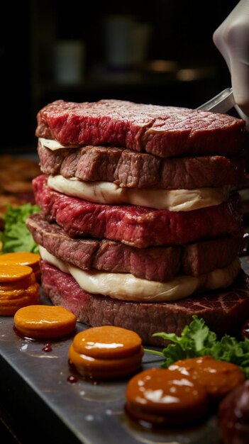 熟練の肉屋が、細心の注意を払って巧みに肉を美味しそうなハンバーガーパテに仕上げます。