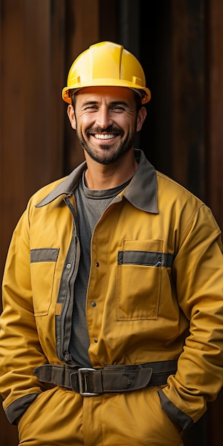 Expert Carpenter on Solid Yellow Background