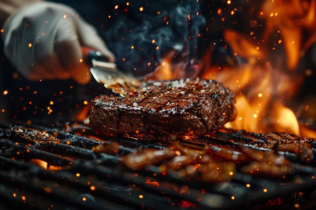 熟練したシェフが炎上したグリルでマリネートしたステーキを焼く