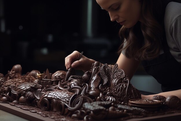 Expert chocolatier handcrafting intricate and Generative ai