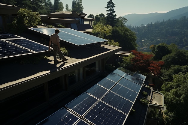 Expert Construction Worker Installing Solar Panels on House Roof Sustainable Energy Solution