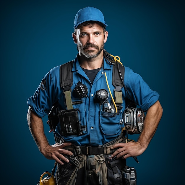 Expert Electrician on Solid Blue Background