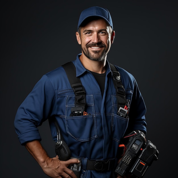 Expert Electrician on Solid Blue Background