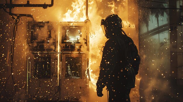 Expert firefighter tackling a dangerous fire in a commercial premises Concept emergency