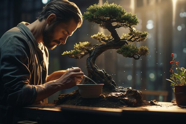 Expert gardener meticulously tending to a bonsai Generative ai