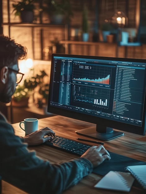 an expert is focused on analyzing complex data using a large computer monitor while sitting at a tidy desk with various tools generative ai