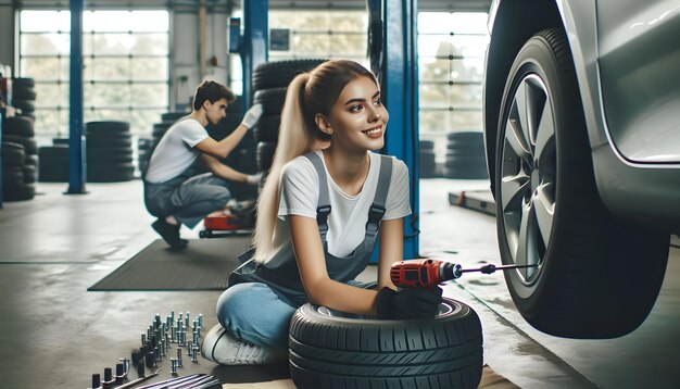 Photo expert mechanic performing tire alignment for a smooth and safe ride in candid daily work routine