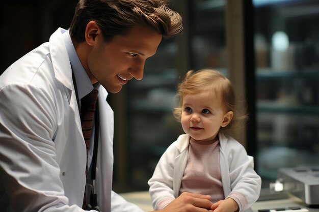 Photo expert pediatrician provides compassionate checkup for cute and smiling young patient