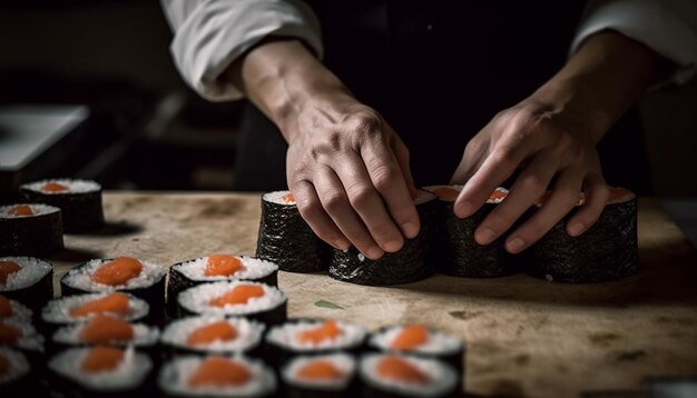 人工知能によって生成された日本料理の新鮮な魚介類の巻き寿司の選択的な焦点の専門知識