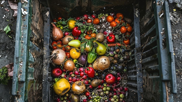 Foto rifiuti biologici scaduti mescolare verdure e frutta in un enorme contenitore in un bidone della spazzatura