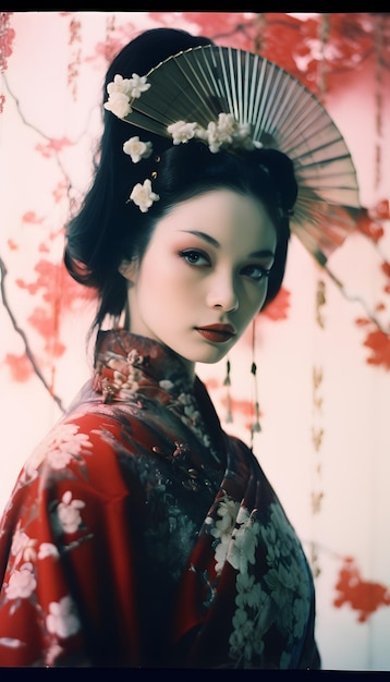 Foto ritratto di una geisha con motivi intricati