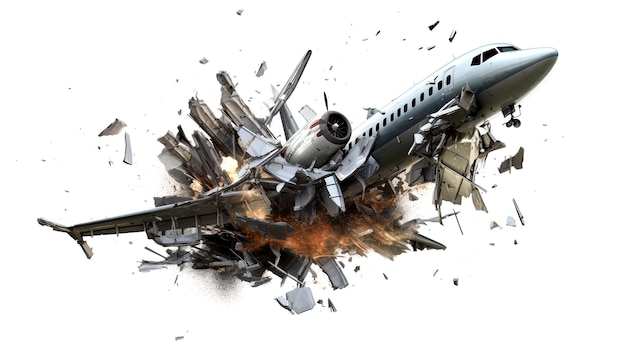 exploded airplane heading down isolated on white background