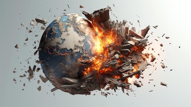 exploded earth planet isolated with debris flying away with dispersing flames