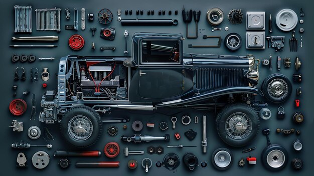 Photo an exploded view of a classic car all the parts are laid out in an orderly fashion and the car is shown in the center