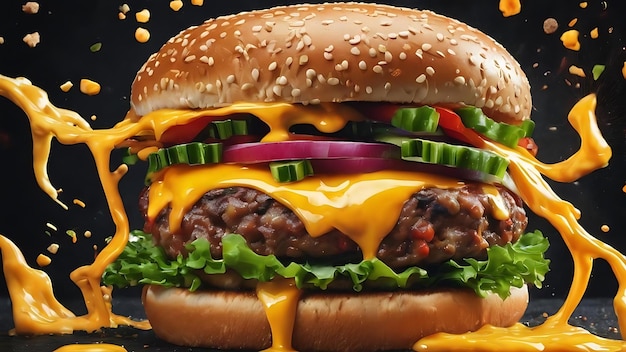Exploderende burger met groenten en gesmolten kaas op zwarte achtergrond generatieve ai