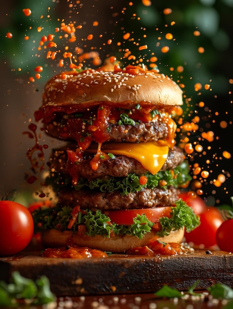 Exploderende hamburger Grote smakelijke hamburger met vliegende ingrediënten op donkere achtergrond