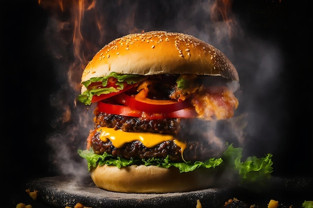 Exploderende hamburger met groenten en gesmolten kaas op zwarte achtergrond Generatieve AI