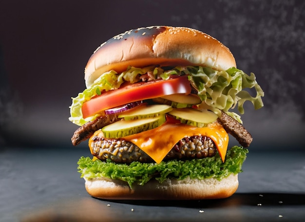 Exploderende hamburger met groenten en gesmolten kaas op zwarte achtergrond