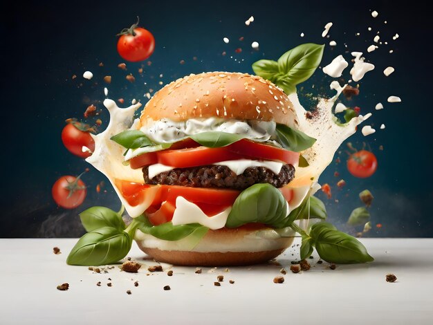 Exploding burger with juicy tomato and basil leaves splash advertising background