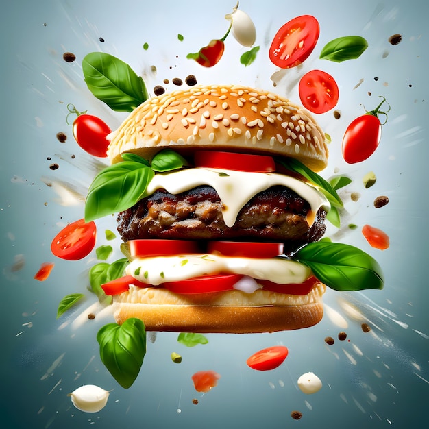 Exploding burger with juicy tomato slices and basil leaves advertising background