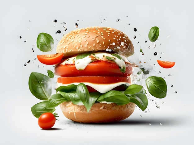 Exploding burger with juicy tomato slices and basil leaves splash