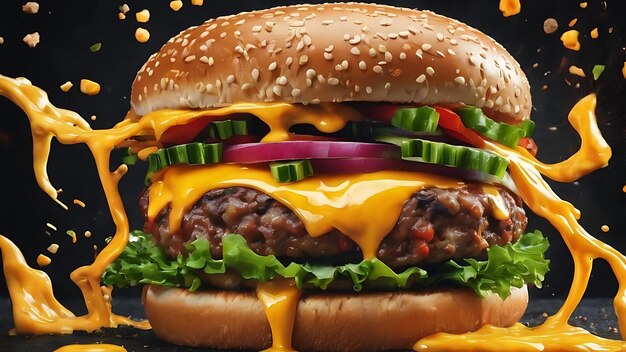 exploding burger with vegetables and melted cheese on black background generative ai