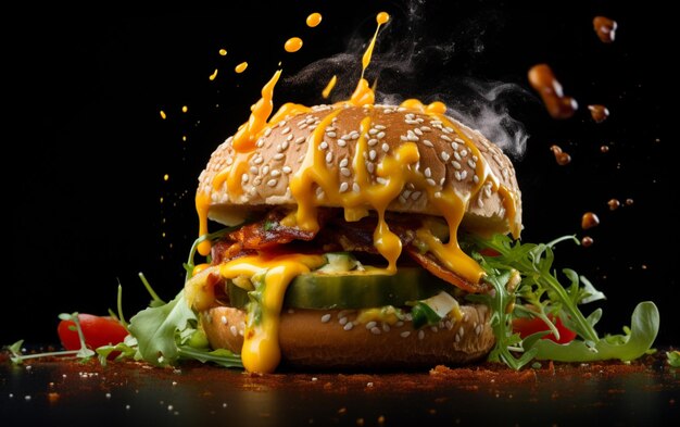 Photo exploding burger with vegetables and melted cheese on black background