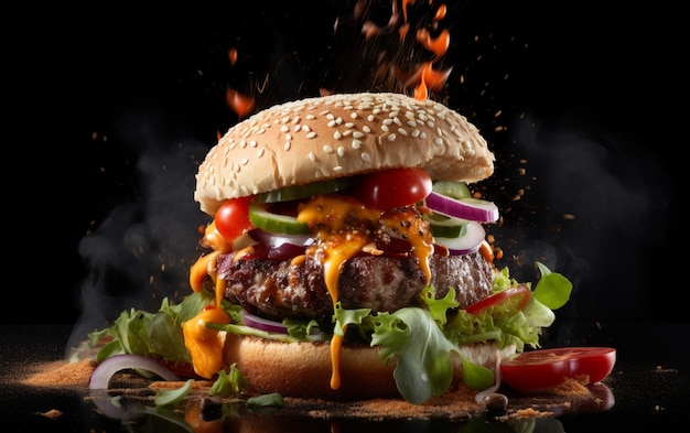 Exploding burger with vegetables and melted cheese on black background