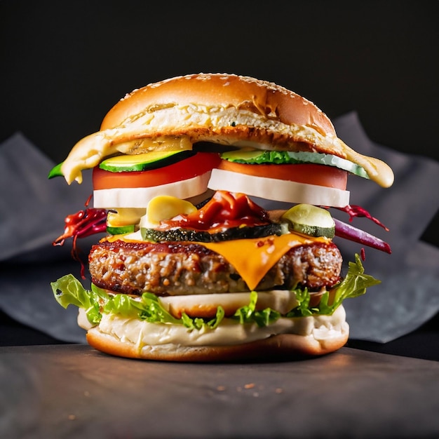 Exploding burger with vegetables and melted cheese on black background