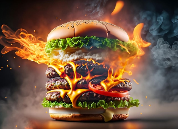 Exploding burger with vegetables and melted cheese on black background