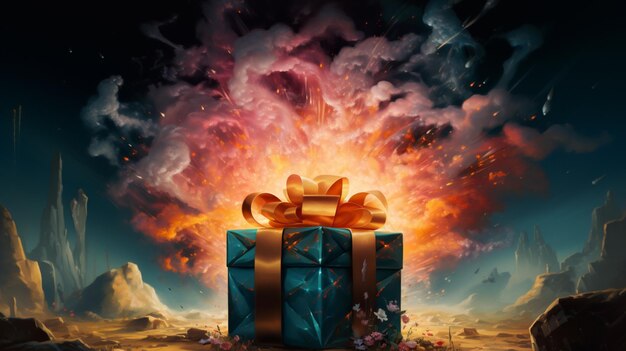 Exploding cardboard surprise box colorful splash picture AI Generated art