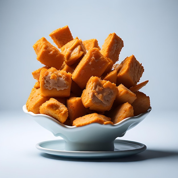 Exploding Chicken Nuggets on Ceramic Plate Stunning Product Showcase on White Background