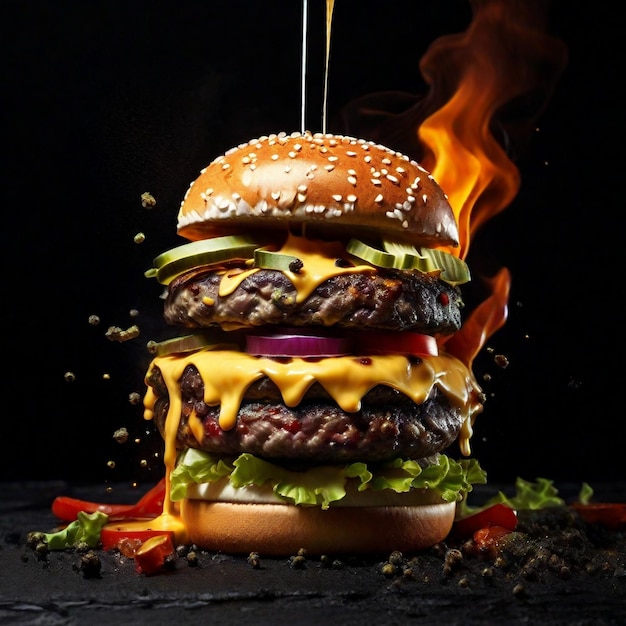 Exploding delicious burger with vegetables and melted cheese splash on black background with fire