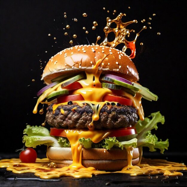 Exploding delicious burger with vegetables and melted cheese splash on black background with fire