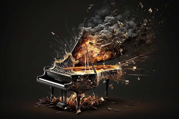 Exploding grand piano bursting with fire and smoke