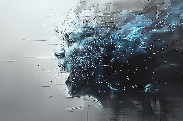 Exploding head profile with digital fragments depicting intense emotion and data disruption