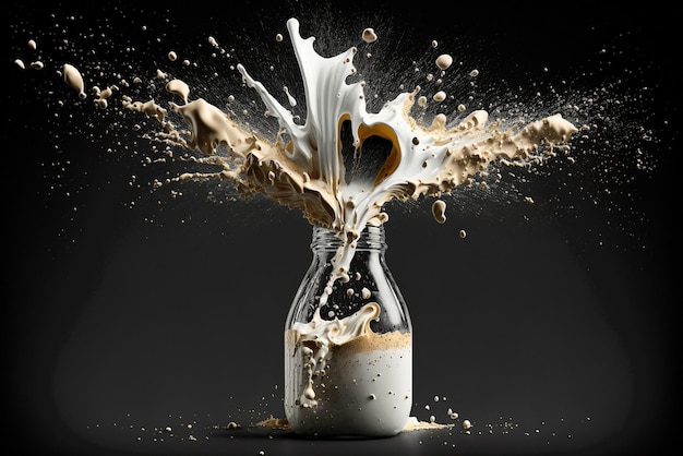 Exploding milk bottle splash against Black Background in slow motion Flowing ink liquid of milky