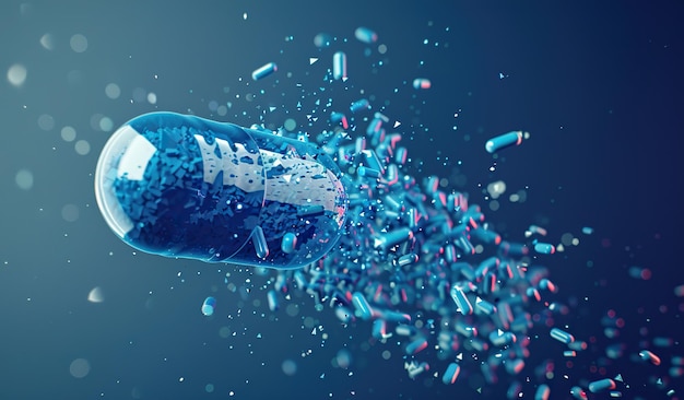 Photo exploding pill capsule with blue and white particles on dark background