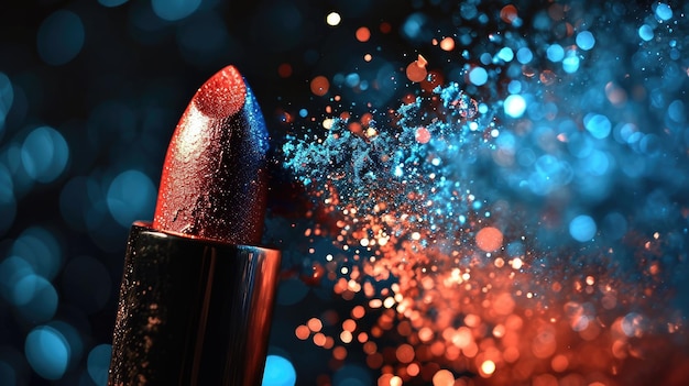 Foto exploding sparkle lipstick in dynamische rode en blauwe tinten