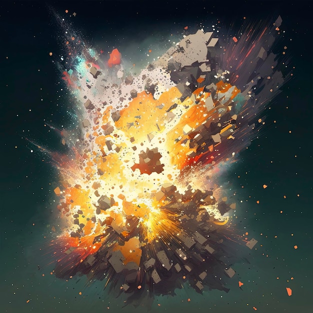 exploding sparks, fire dust and smoke, black background