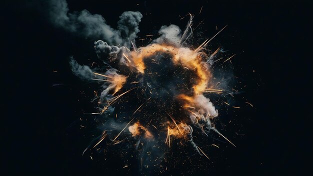 Exploding sparks fire dust and smoke black background