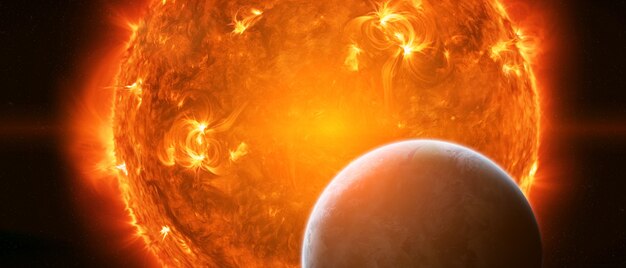 Photo exploding sun in space close to planet earth