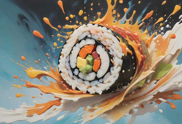 Foto ai generativa di sushi roll in esplosione