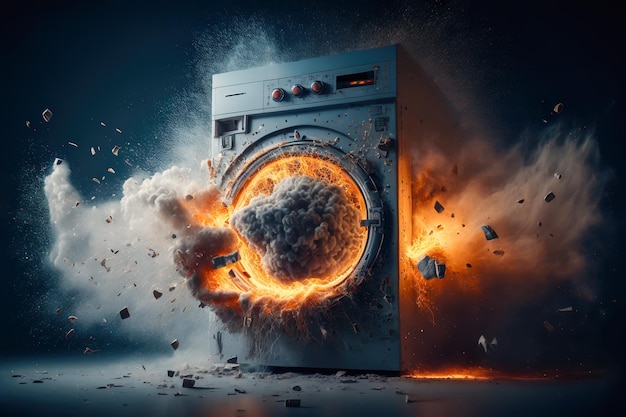 An exploding washing machine with fire and smoke Generative AI