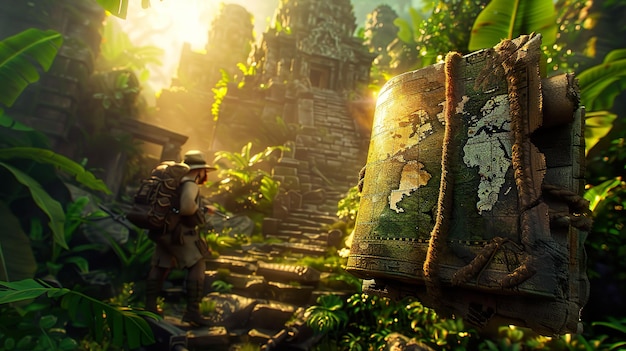 Exploration Old Map Mystical Artifact Adventurers on a Journey through dense jungle Mystical ruins shrouded in mystery 3D Render Golden Hour Depth of Field Bokeh Effect Long shot